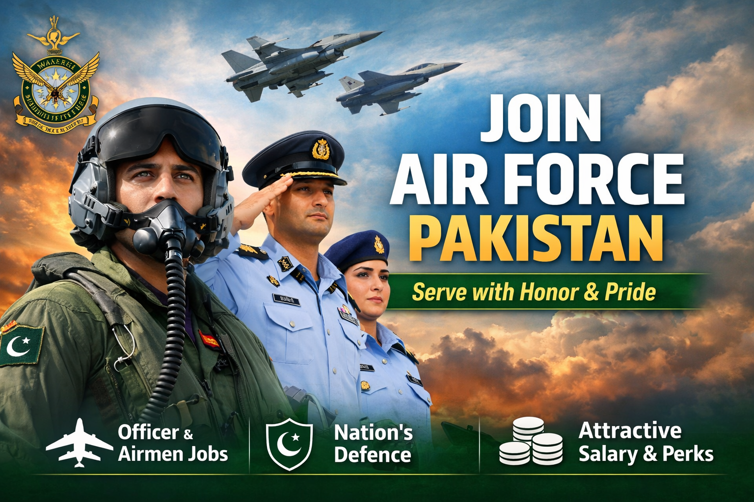 join air force pakistan recruitment thumbnail showing officers and fighter jets with text join air force pakistan and national defense theme