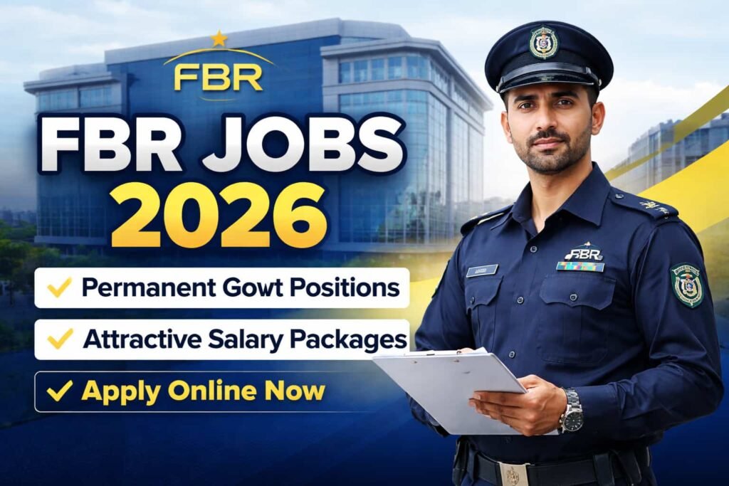 FBR Jobs 2026 official thumbnail showing Federal Board of Revenue building and uniformed officer, highlighting verified federal career opportunities in Pakistan.