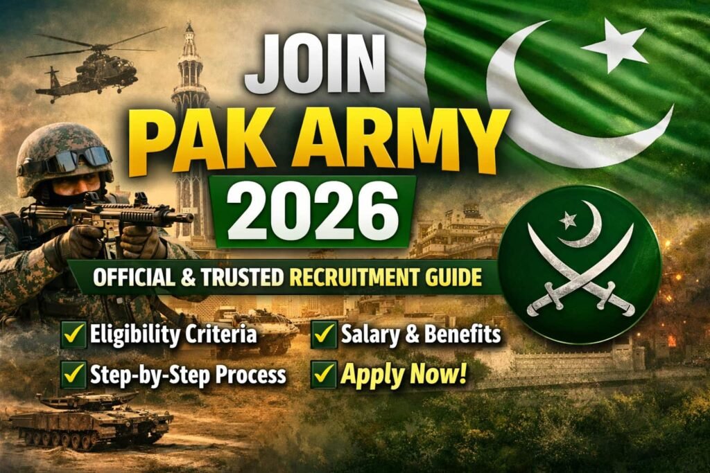 Join Pak Army 2026 recruitment thumbnail showing Pakistan Army officers, official insignia, and apply online call to action.