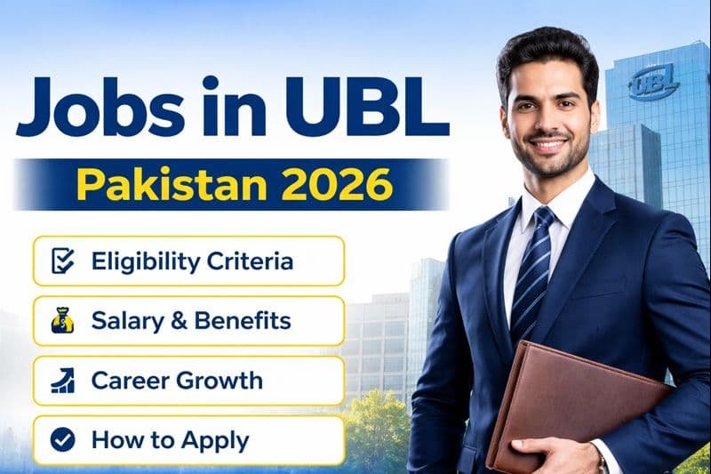 Verified jobs in UBL Pakistan 2026 banner showing a professional banker in front of UBL headquarters with eligibility, salary, career growth, and apply securely highlights.