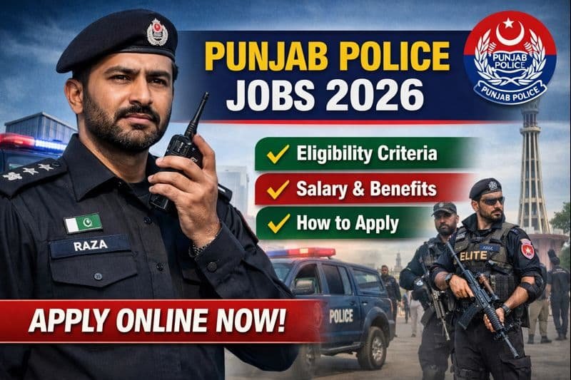 Verified Punjab Police Jobs 2026 recruitment thumbnail showing uniformed Punjab Police officers, eligibility, salary, and apply online message.
