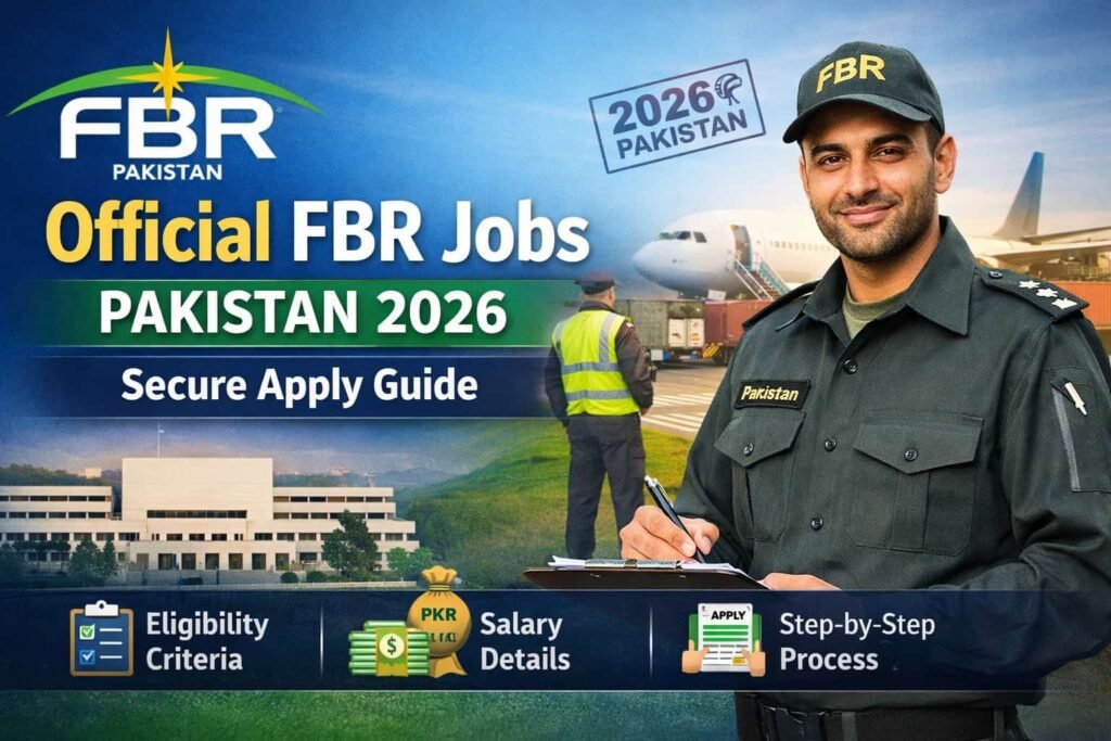 Official FBR Jobs Pakistan 2026 thumbnail showing Federal Board of Revenue headquarters with apply guide, salary, eligibility, and application details.