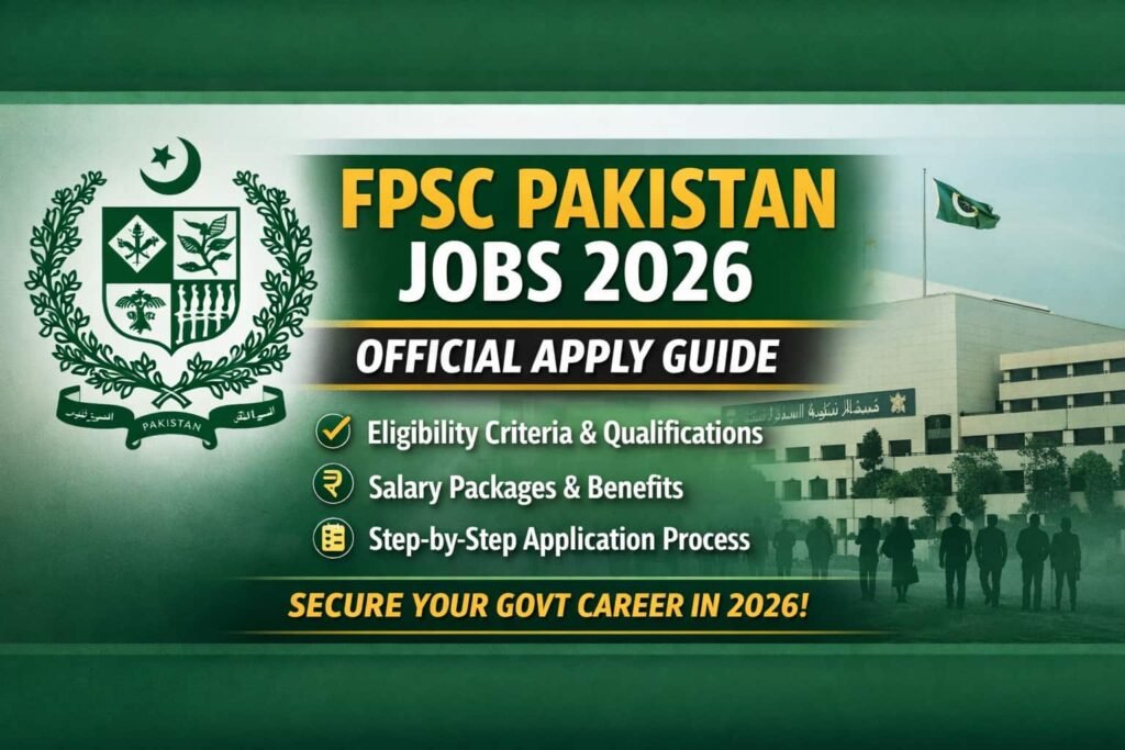 FPSC Pakistan Jobs 2026 official apply guide banner showing Federal Public Service Commission recruitment details, eligibility criteria, salary packages, and step-by-step application process in Pakistan.