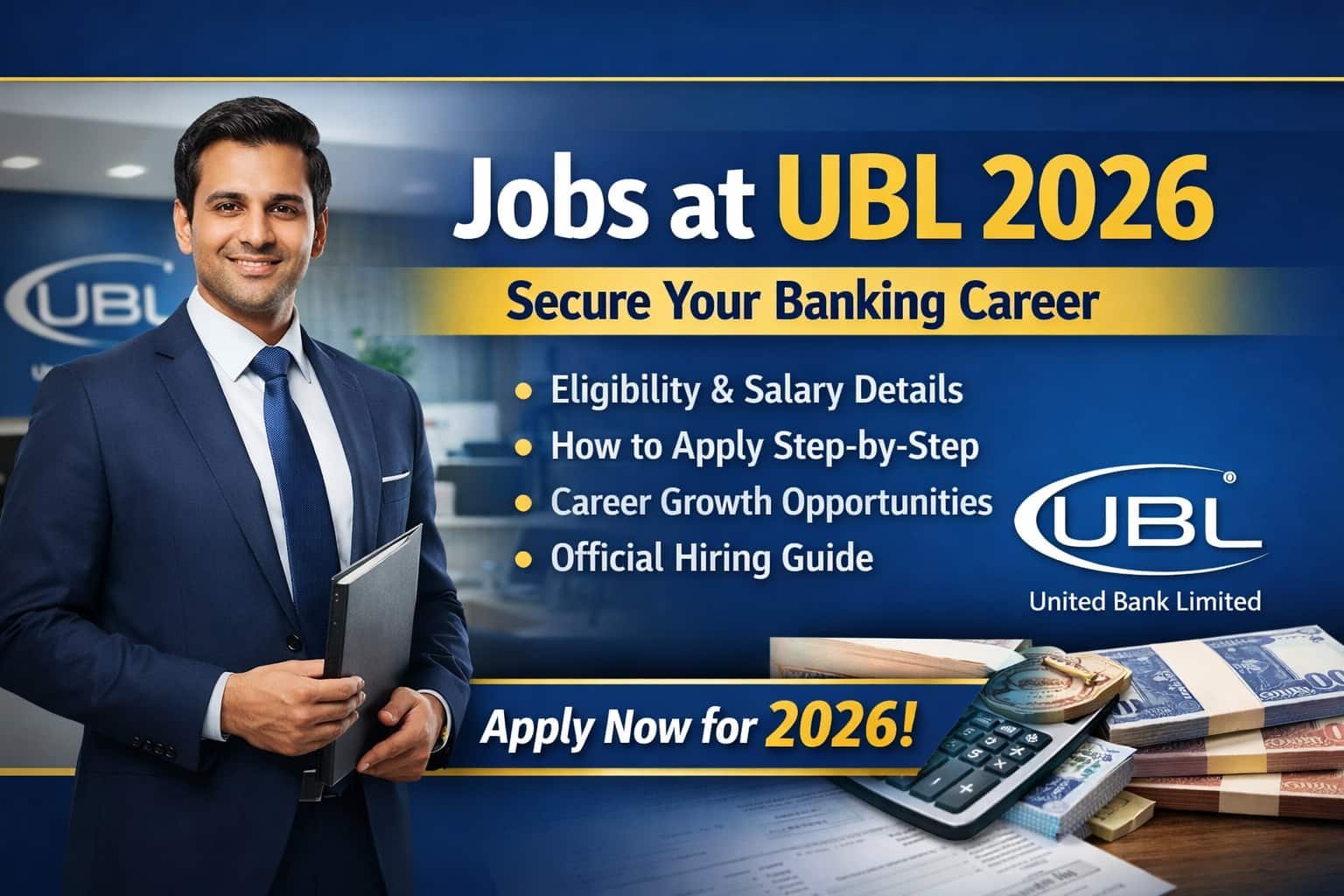 Jobs at UBL 2026 thumbnail showing banking career details, eligibility, salary information, and official apply guide for United Bank Limited Pakistan.