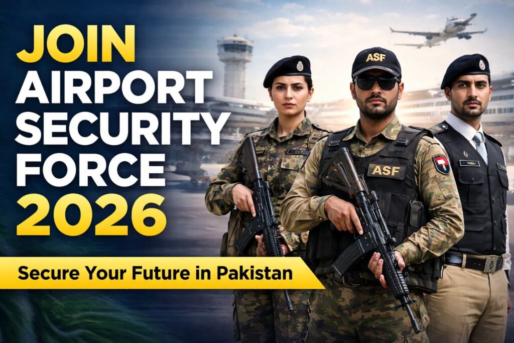 Join Airport Security Force 2026 – Male and female ASF officers in uniform at an airport security checkpoint with text overlay showing eligibility, salary, and application guide.