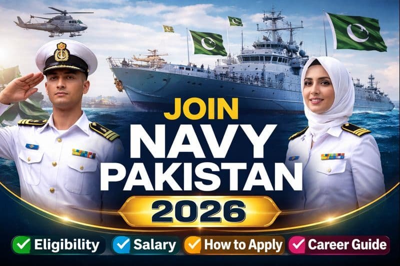 Join Navy Pakistan 2026 recruitment guide showing male and female Pakistan Navy officers with ship background