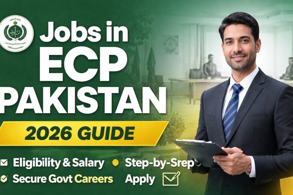 Latest Official Jobs in ECP Pakistan 2026 Guide thumbnail showing Election Commission of Pakistan career information, eligibility, salary details, and step-by-step apply process.