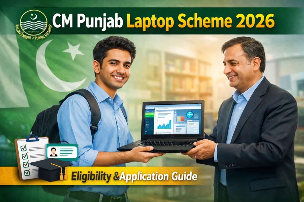 Student receiving a laptop under CM Punjab Laptop Scheme 2026 with eligibility and application guide, representing government education initiative in Punjab