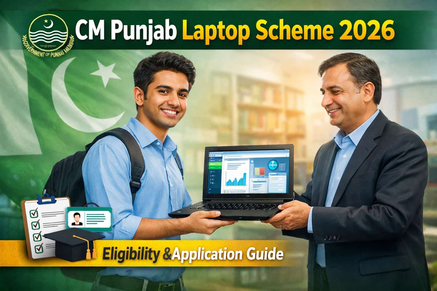 Student receiving a laptop under CM Punjab Laptop Scheme 2026 with eligibility and application guide, representing government education initiative in Punjab