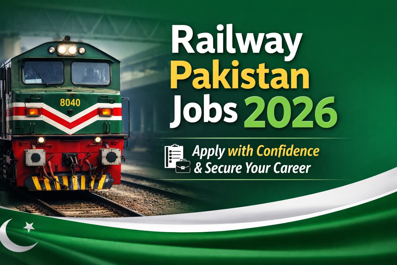Railway Pakistan Jobs 2026 thumbnail showing a modern train at a station with bold text encouraging applicants to apply securely.