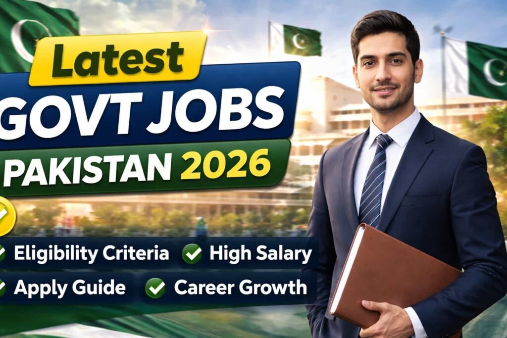 Professional 16:9 thumbnail showing Govt Jobs Pakistan 2026 banner with suited candidate, government building background, and apply now button.