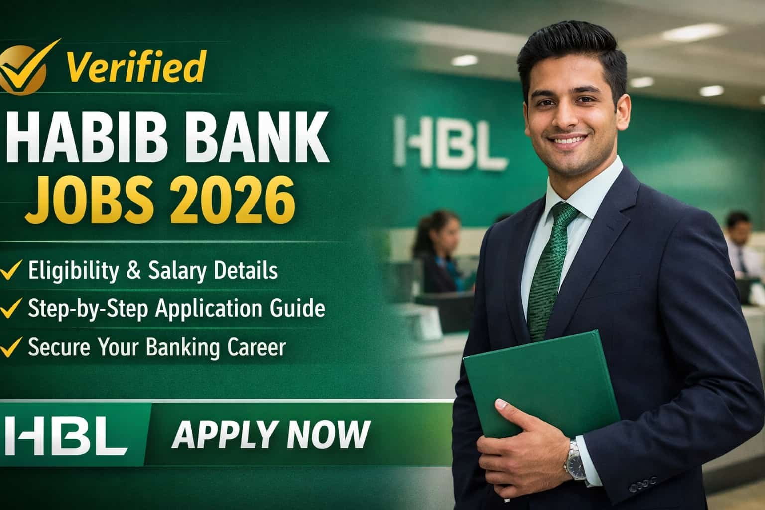 Trusted Habib Bank Jobs 2026 thumbnail showing a professional banker with HBL branding and apply guidance.