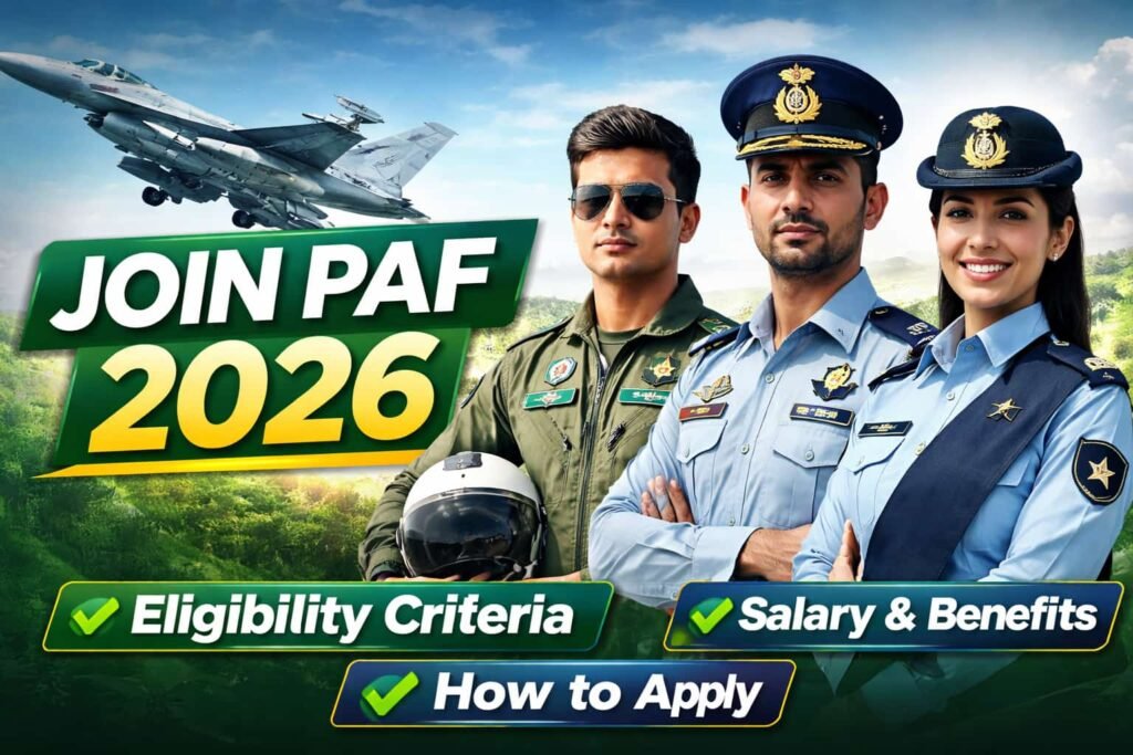 Join p a f 2026 recruitment guide showing Pakistan Air Force officers with eligibility, salary, and apply information