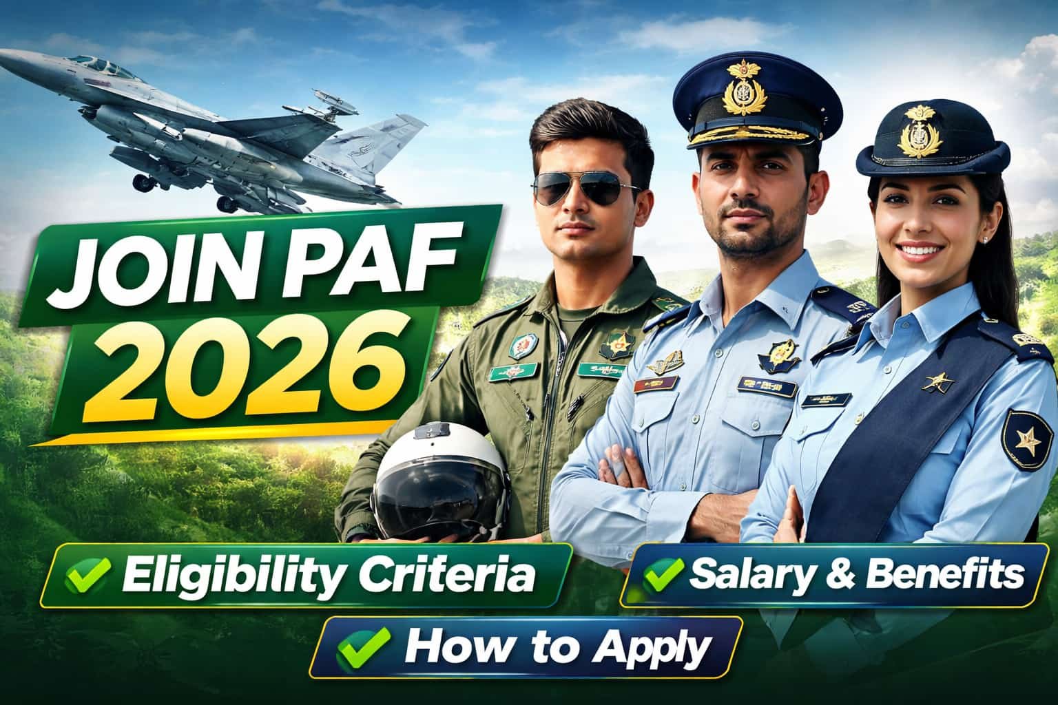 Join p a f 2026 recruitment guide showing Pakistan Air Force officers with eligibility, salary, and apply information