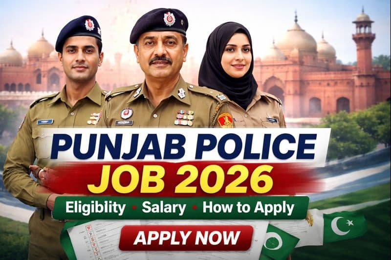 Verified Punjab Police Job 2026 thumbnail showing male and female police officers in uniform with eligibility, salary, and apply now details