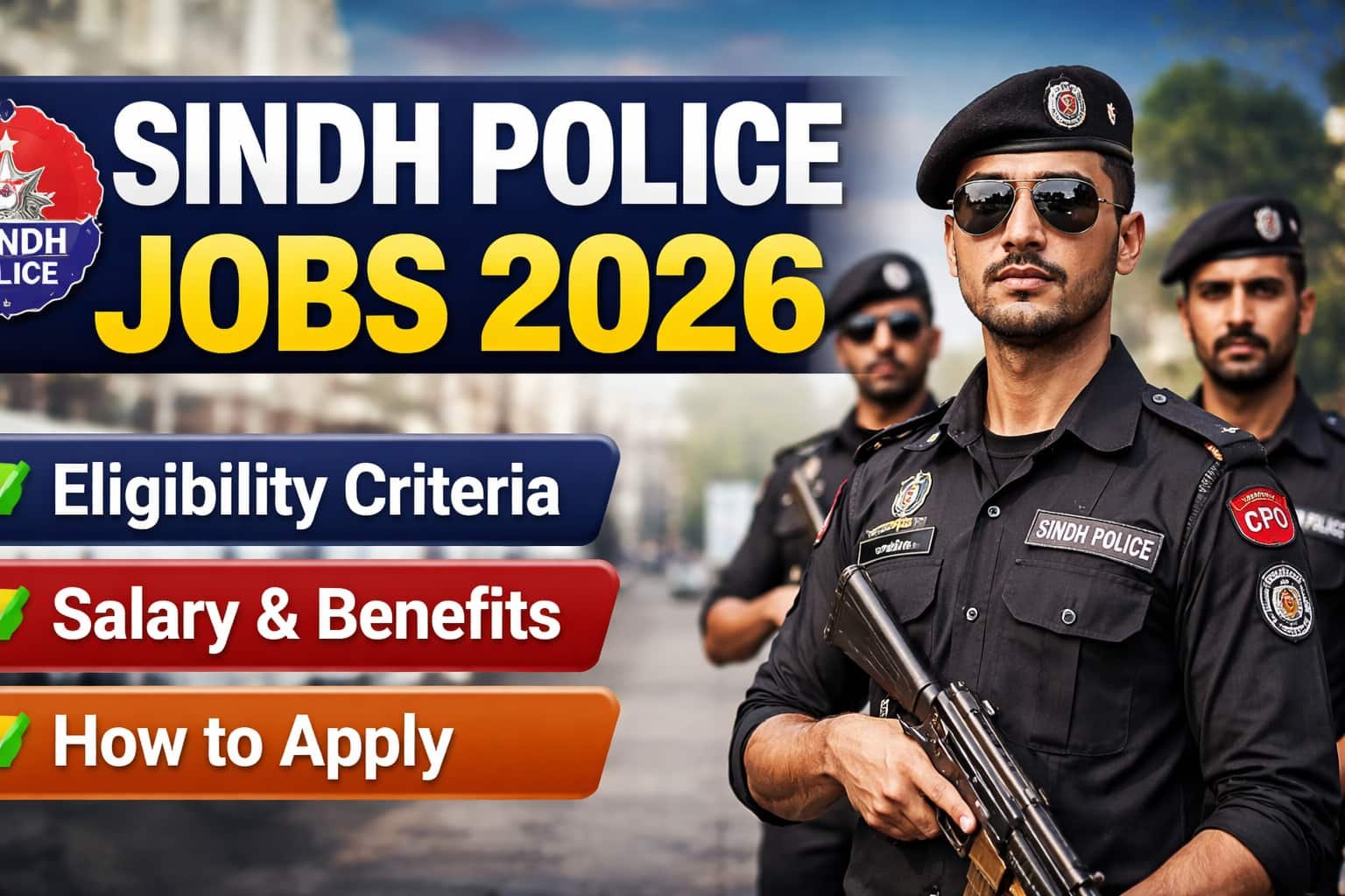 Three Sindh Police officers in uniform with “Sindh Police Jobs 2026” title, highlighting eligibility, benefits, and how to apply.