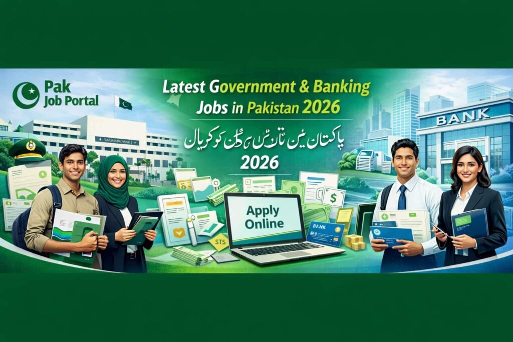 Pak Job Portal digital banner showing step-by-step guidance for applying to Government and Banking Jobs in Pakistan 2026. Features laptops, mobile phones, resumes, certificates, application forms, checklists, and people submitting applications online. Text in English: 'How to Apply for Jobs in Pakistan 2026 – Step by Step Guidance' and Urdu: 'پاکستان میں نوکریوں کے لیے درخواست دینے کا طریقہ – مرحلہ وار رہنمائی 2026'. Modern, professional design with green, blue, and white colors, conveying clarity, trust, and guidance.