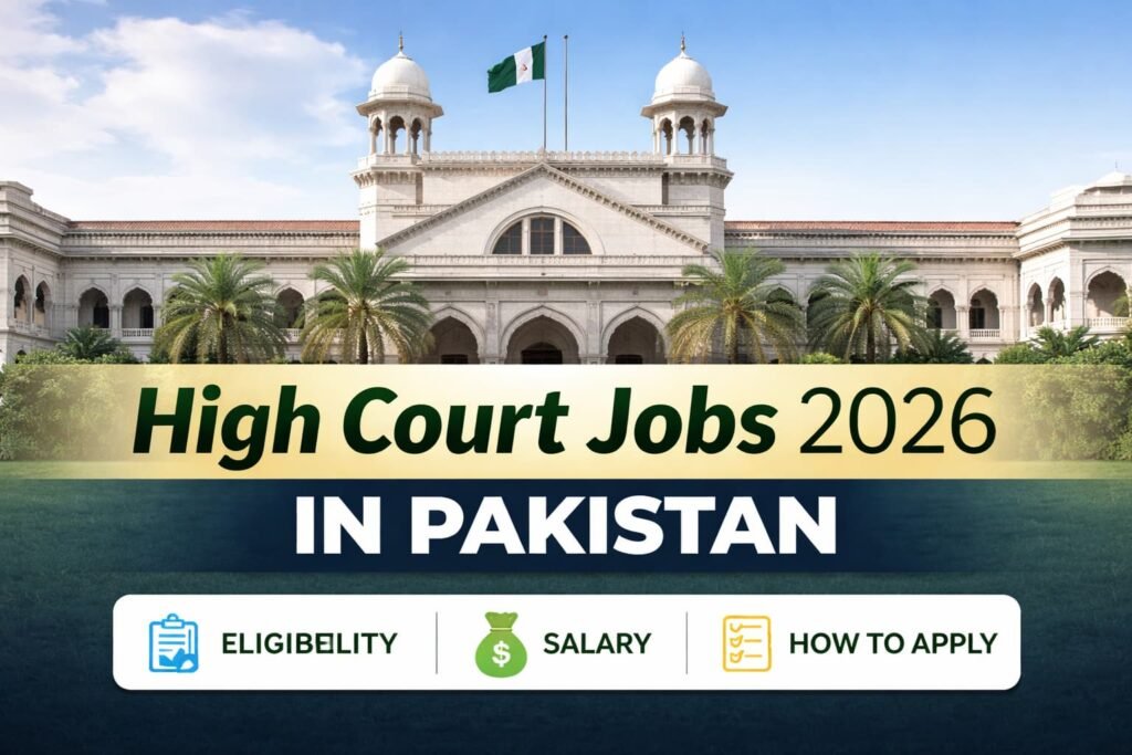 High Court Jobs 2026 official recruitment guide banner showing Pakistan High Court building with eligibility, salary, and apply online details.